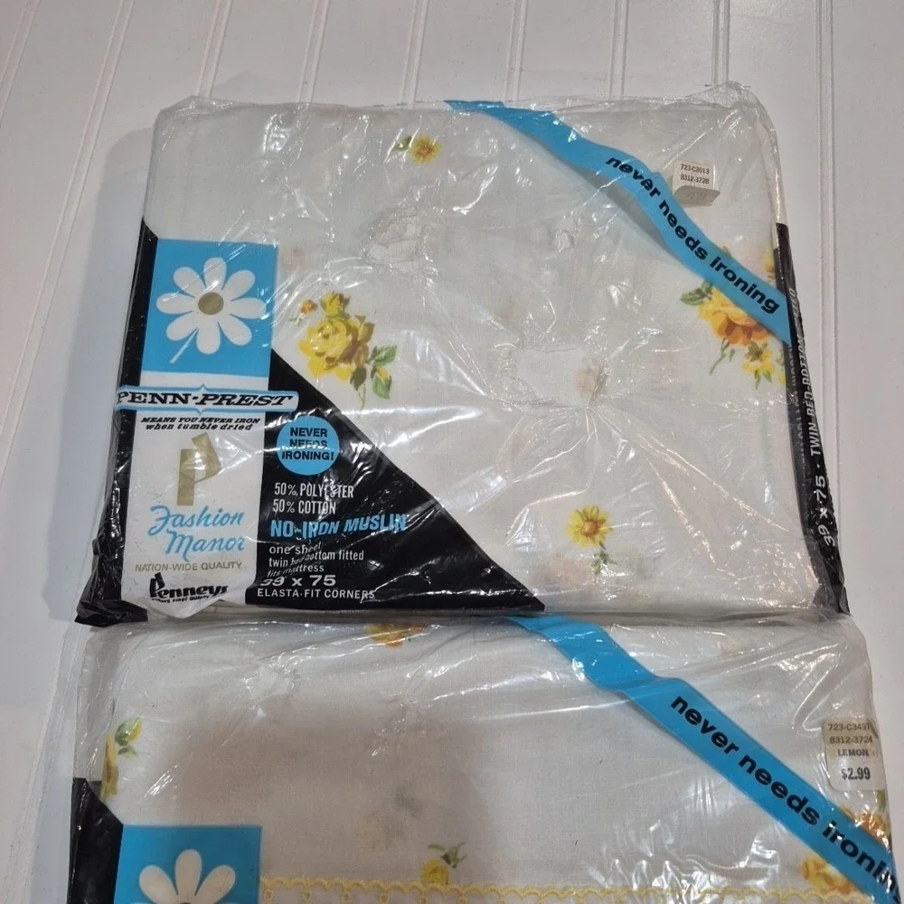 Vintage JcPenny's Twin Fitted & Flat Lemon Pattern Sheets. NOS Penn-Prest